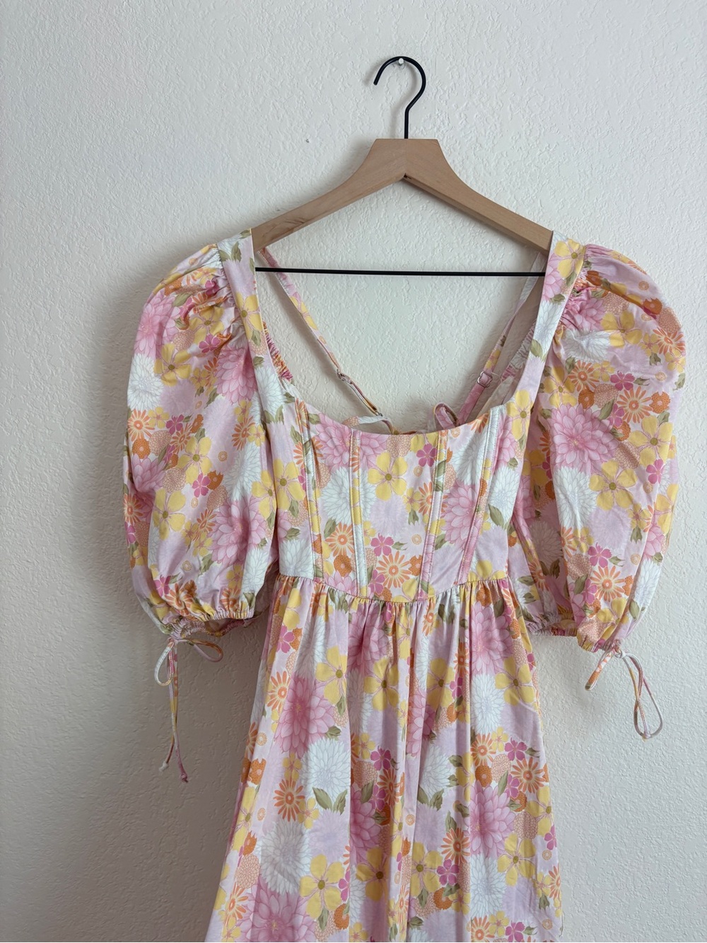 For Love and Lemons Carrie Floral Square-Neck Pink Puff-Sleeve Midi Dress - Picture 11 of 12